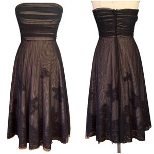 Elegant BCBG MaxAzria Black over Nude strapless Tulle Midi Cocktail Dress sz 8